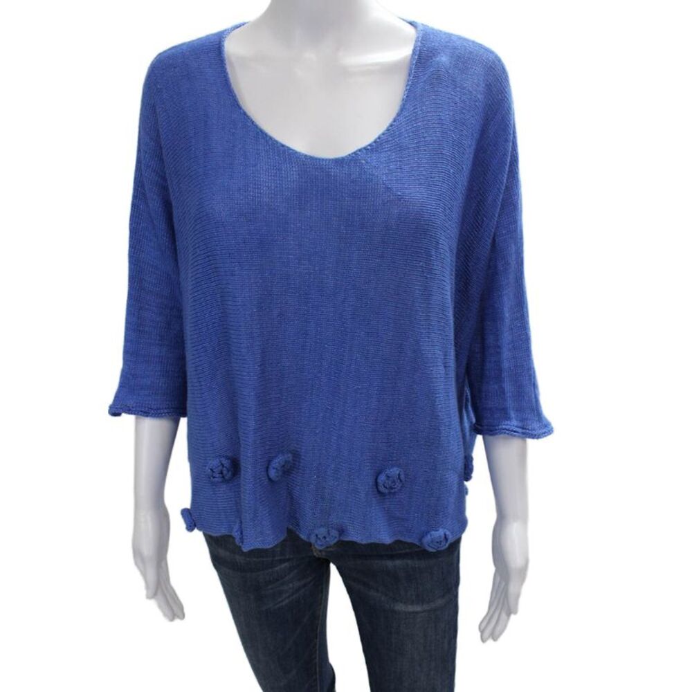 Grizas Women Tunic Scoop Neck Linen 3/4 Sleeve Blue Size S